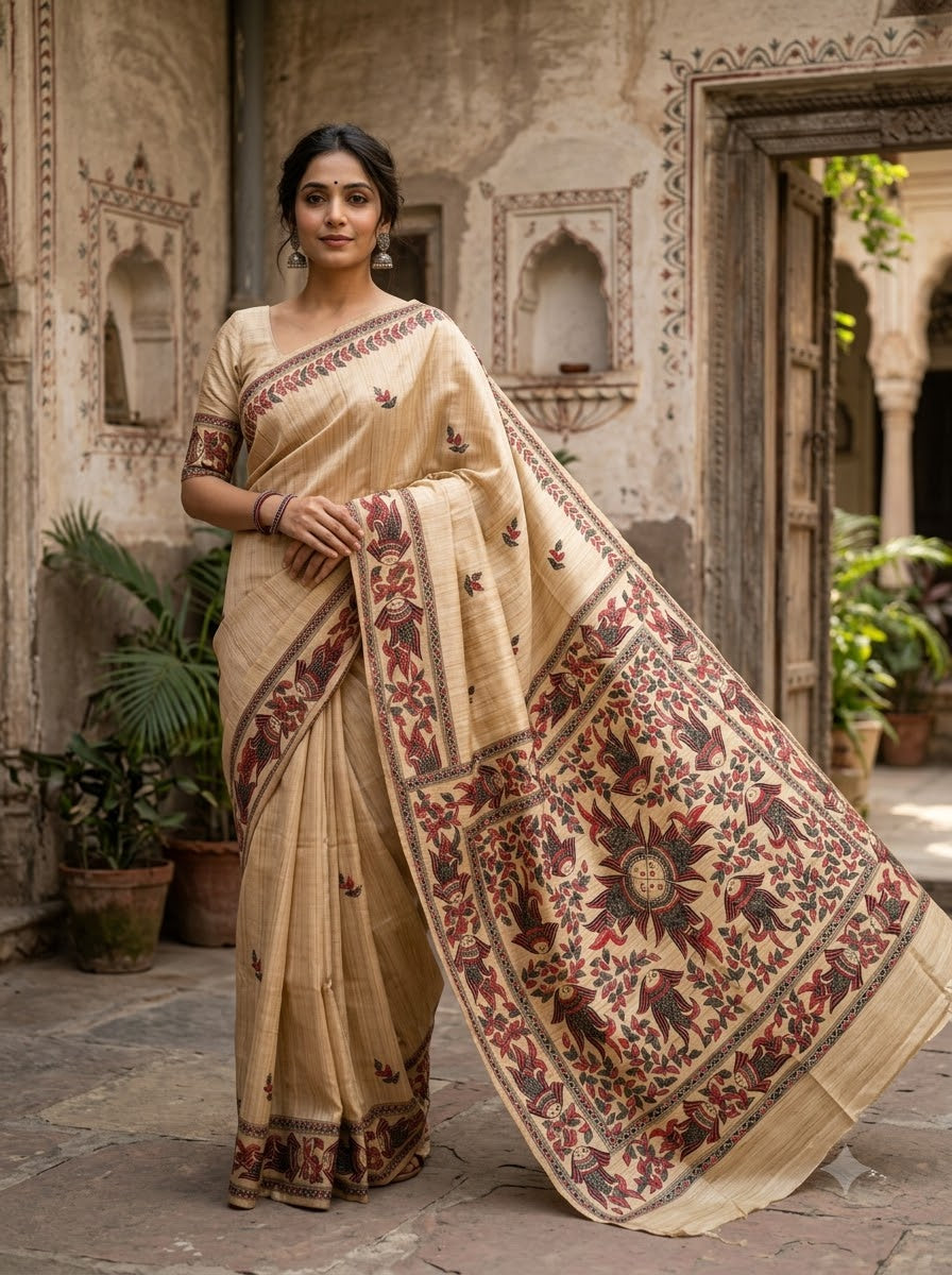 The Folk Canvas Ghicha Tussar Silk Saree