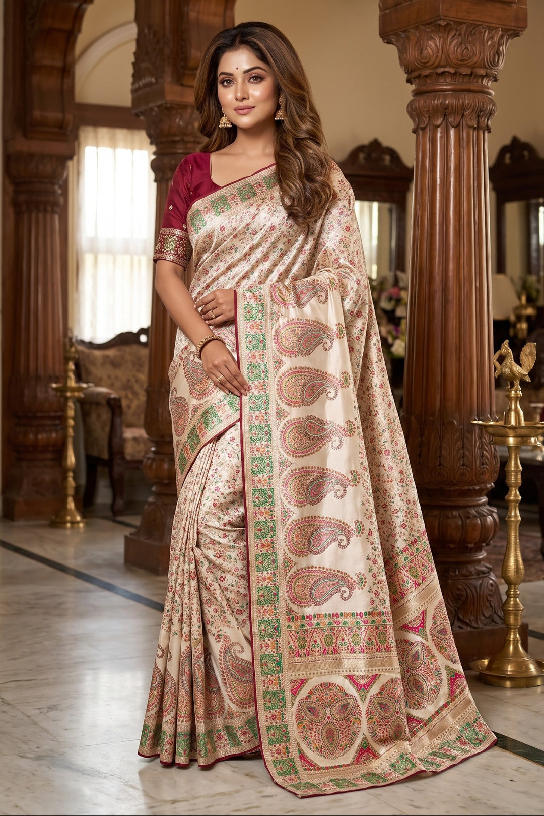 Say Less Pashmina Silk Saree with Kashmiri Work