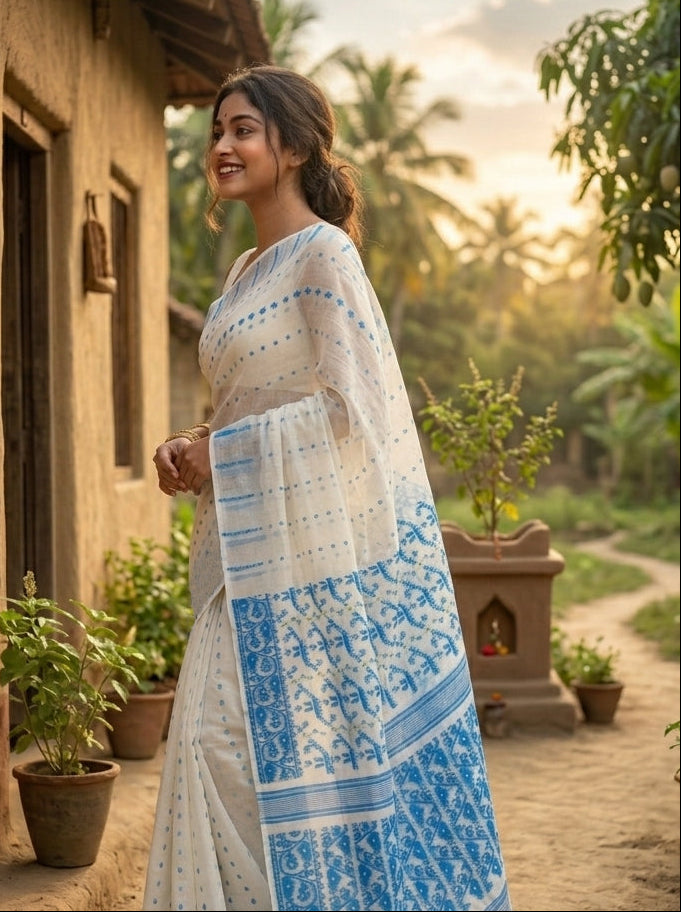 Shatarupa Bengal Jamdani Saree(White Blue)