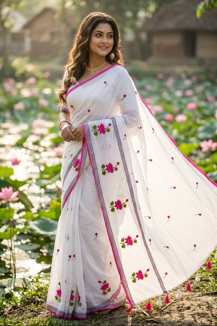 Lotus Girl Embroidery Mul Cotton Saree