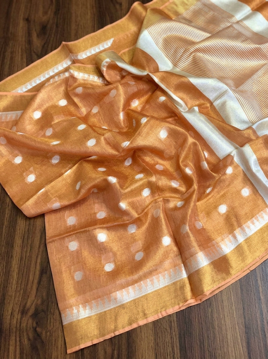Pearl Weave Tissue Linen Saree (Orange)