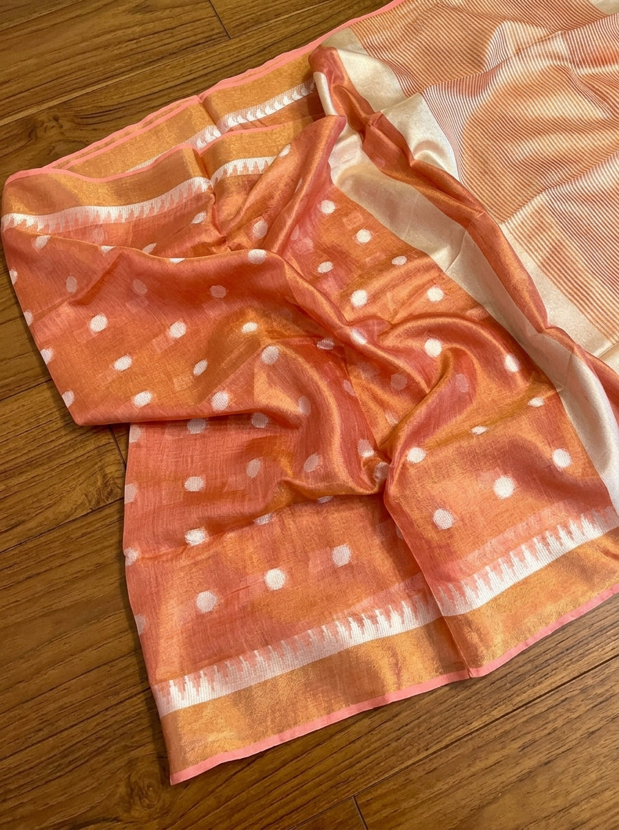Pearl Weave Tissue Linen Saree (peach orange)