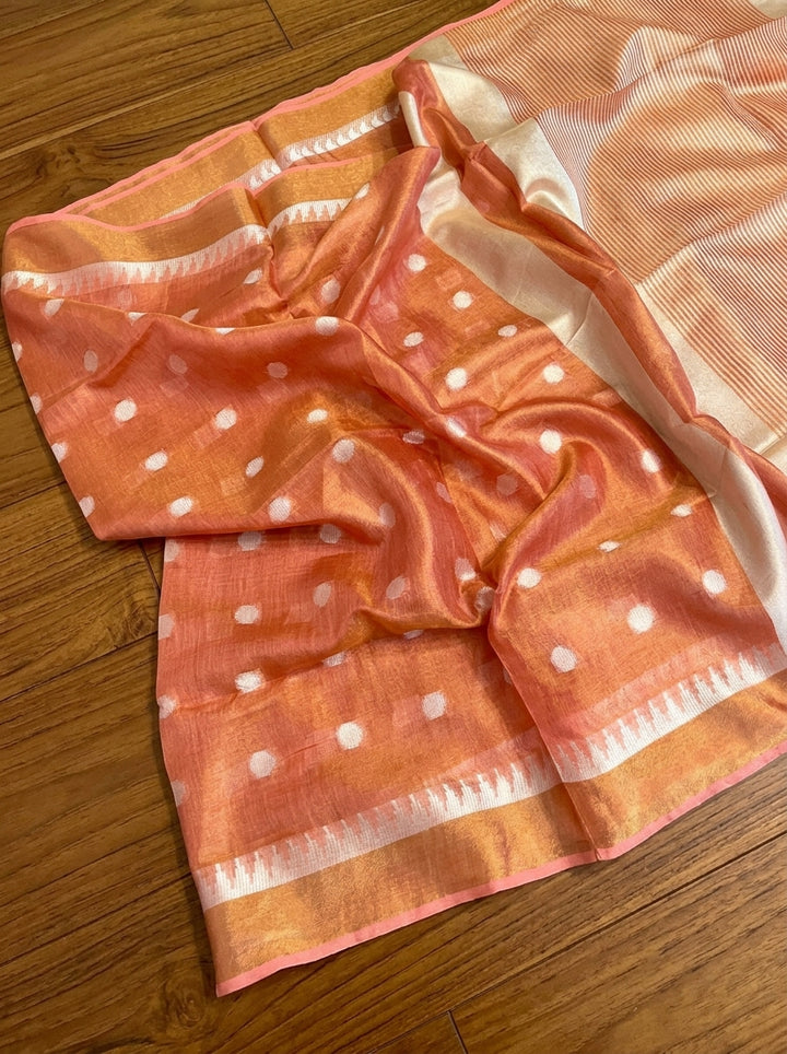 Pearl Weave Tissue Linen Saree (peach orange)