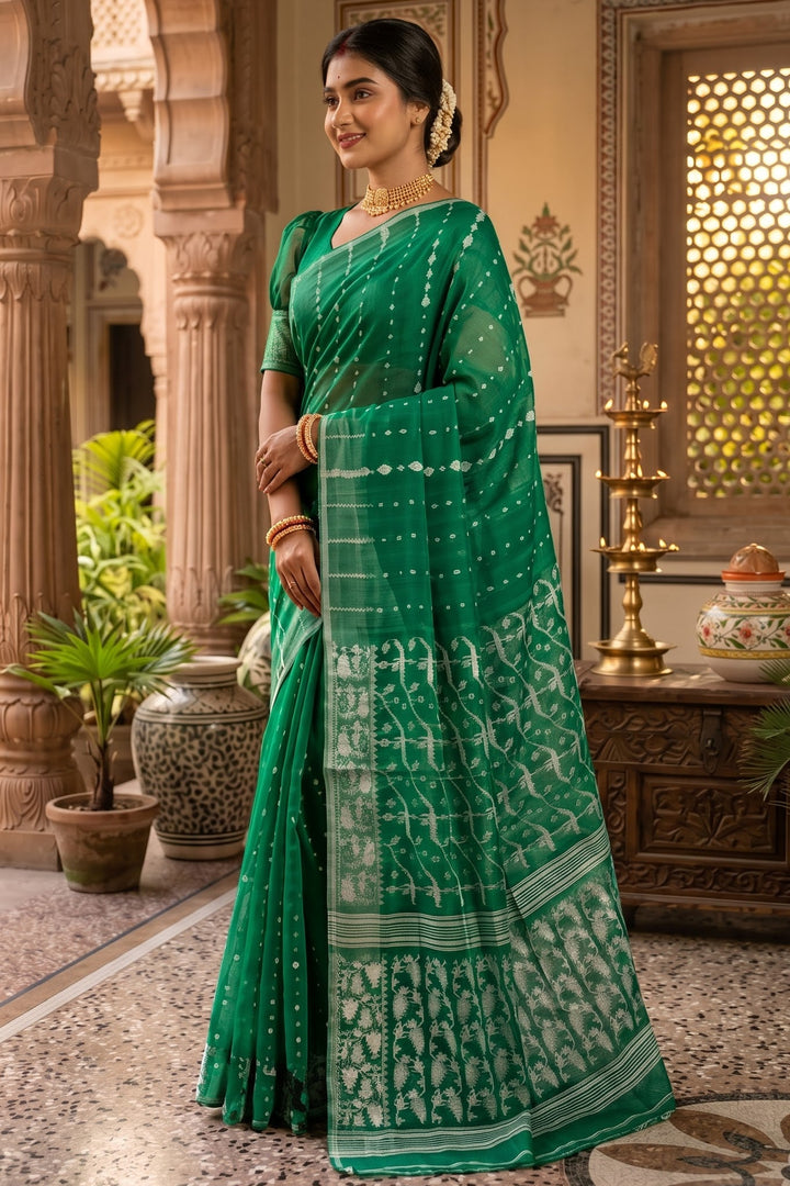 Shatarupa Bengal Jamdani Saree (Forest Green)