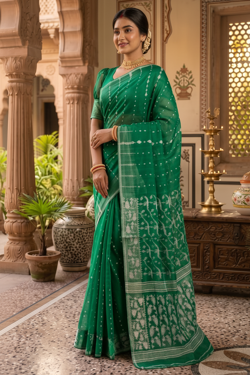 Shatarupa Bengal Jamdani Saree (Forest Green)