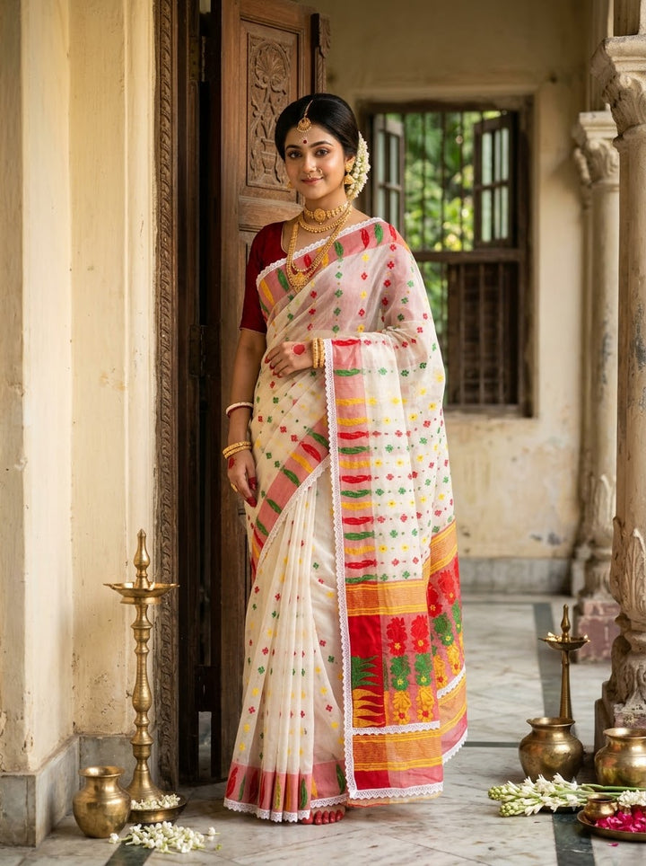 Binodini Bengal Jamdani Saree (White, Red Border)