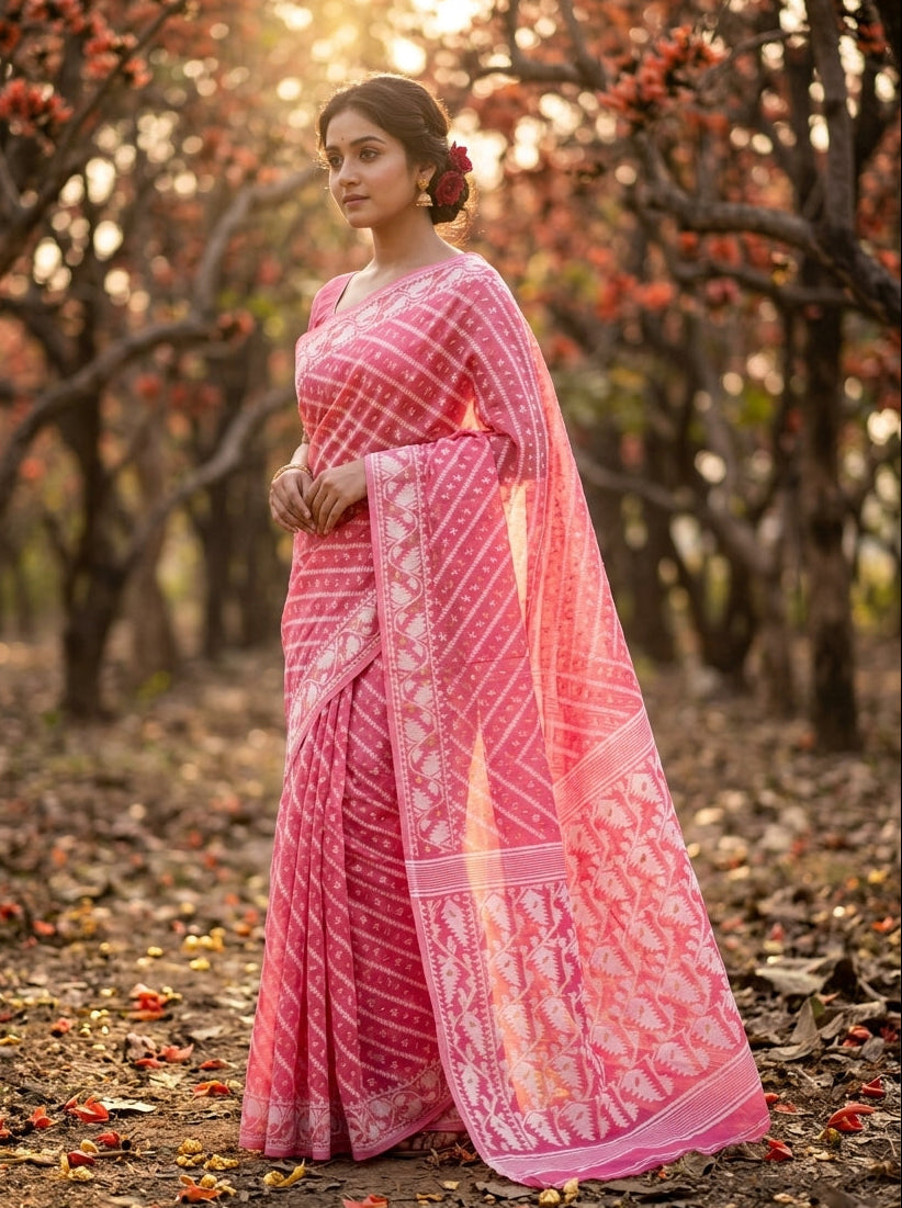Bangaliyana Jamdani Saree(peach pink)