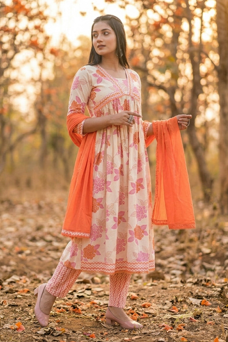 White Pink Floral Anarkali Kurti Set