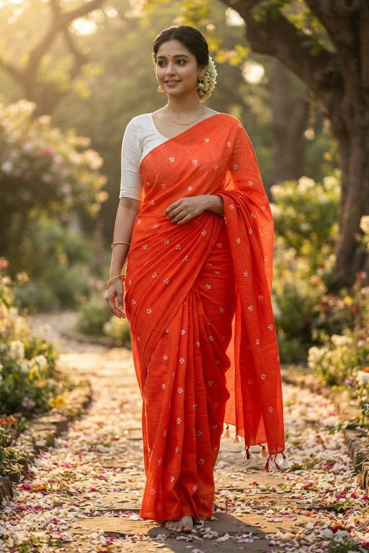 Bengal Shiuli(Jasmine) khadi Saree In Orange
