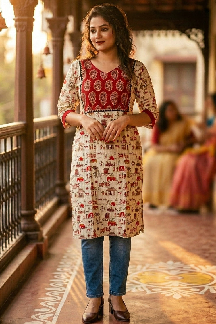 The Warli Whimsy Pure Cotton Kurti