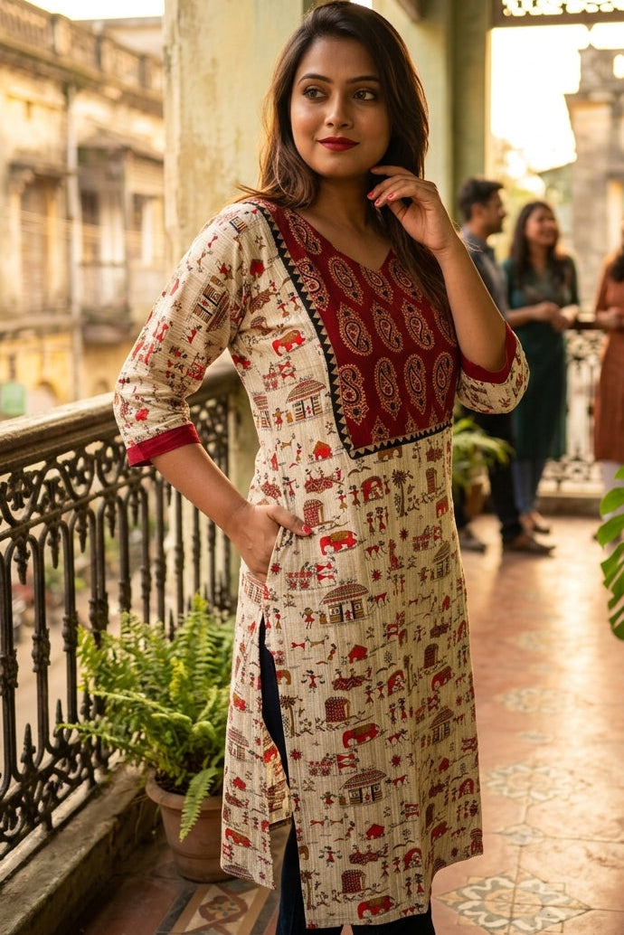 The Warli Whimsy Pure Cotton Kurti
