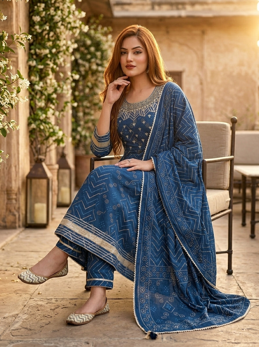 Kurti Pant Dupatta Set(Blue)