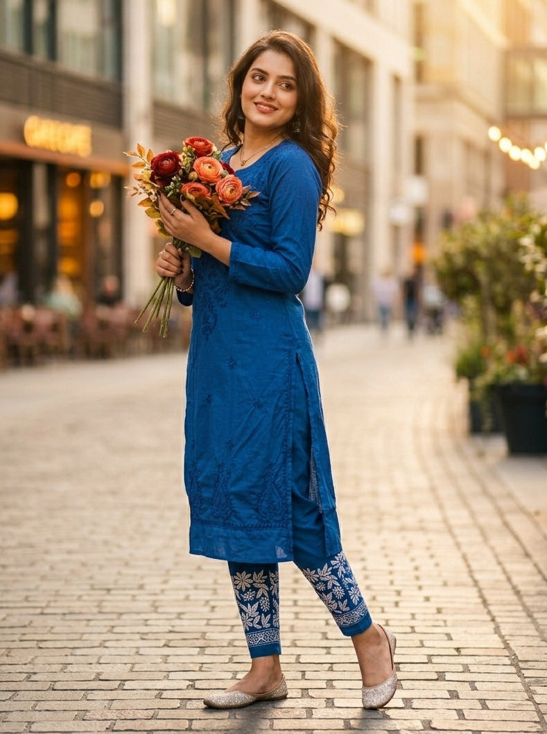 A Day In Colors - Chikankari Kurti Set(Blue)