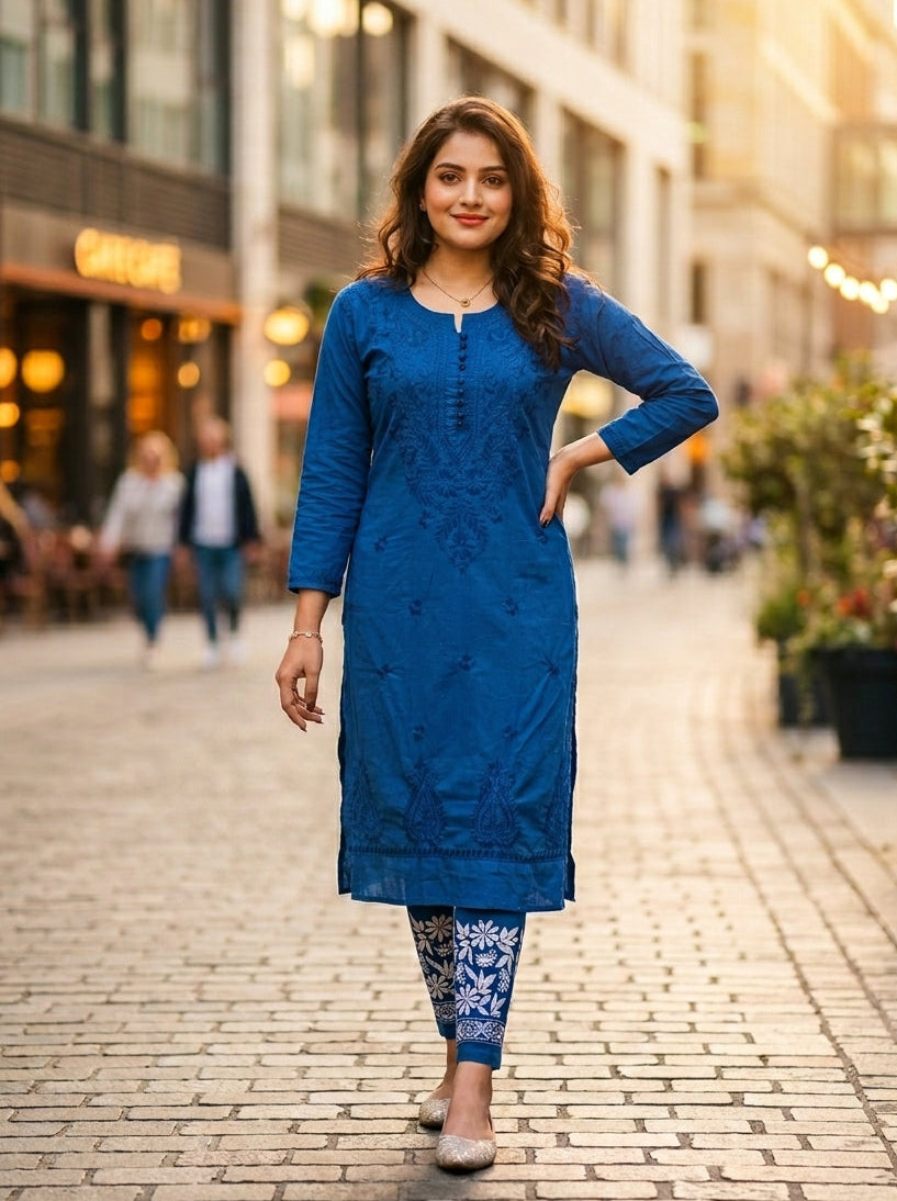 A Day In Colors - Chikankari Kurti Set(Blue)