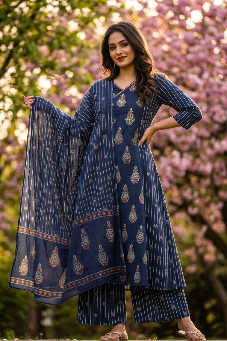 Sweetest Melody Blue Cotton Kurti Set