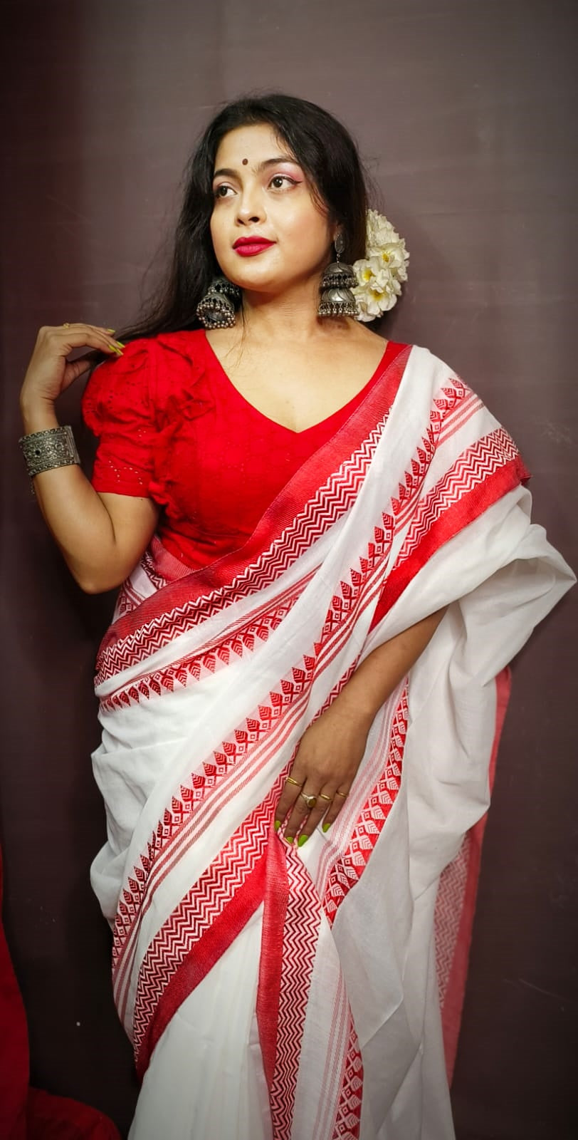 Best Durga puja saree Adhibas saree white and red Bridal Saree