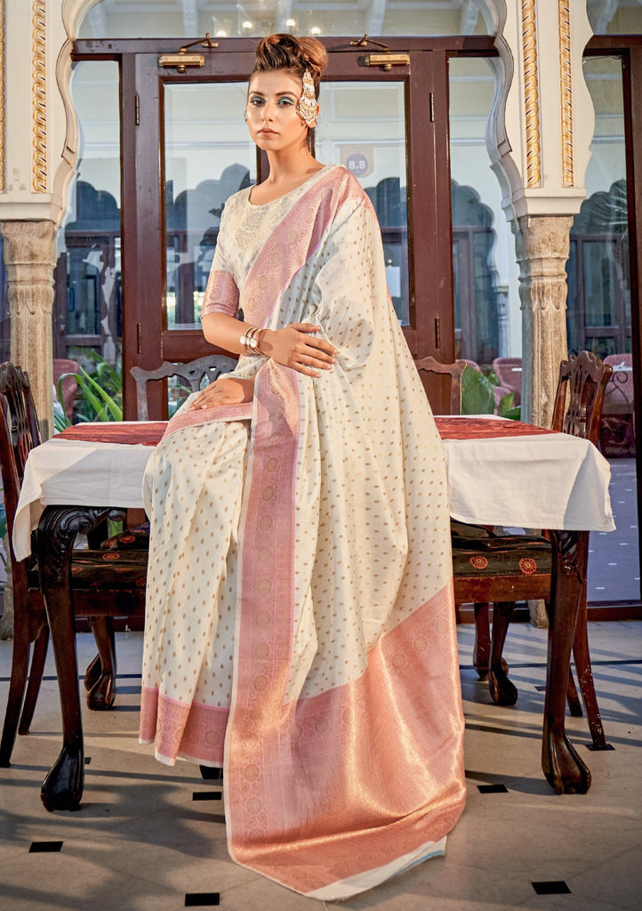 Macaroon Cream Banarasi Silk Saree