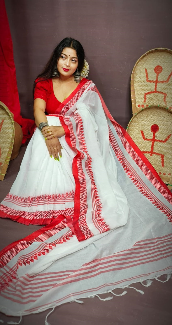 Graceful White Red Pure Cotton Saree