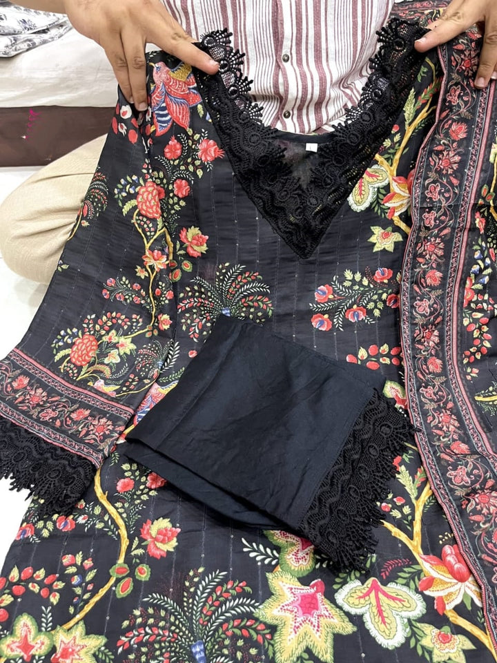 Black Floral Canvas Kurti Set