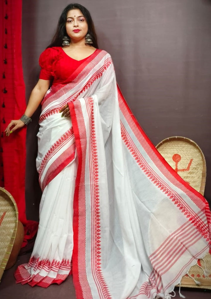 Graceful White Red Pure Cotton Saree