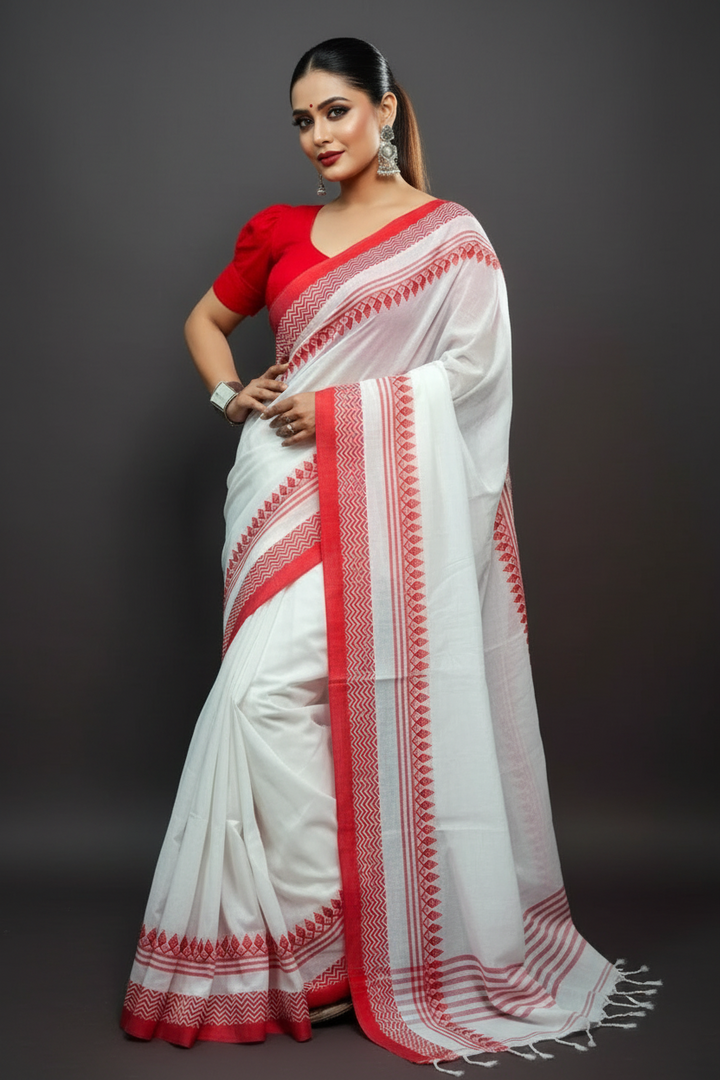 Graceful White Red Pure Cotton Saree