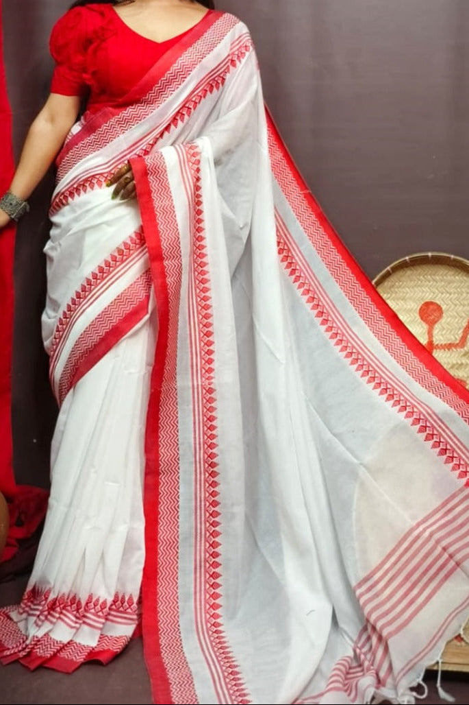 Graceful White Red Pure Cotton Saree