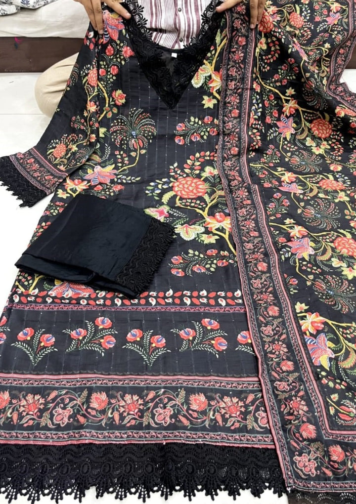 Black Floral Canvas Kurti Set