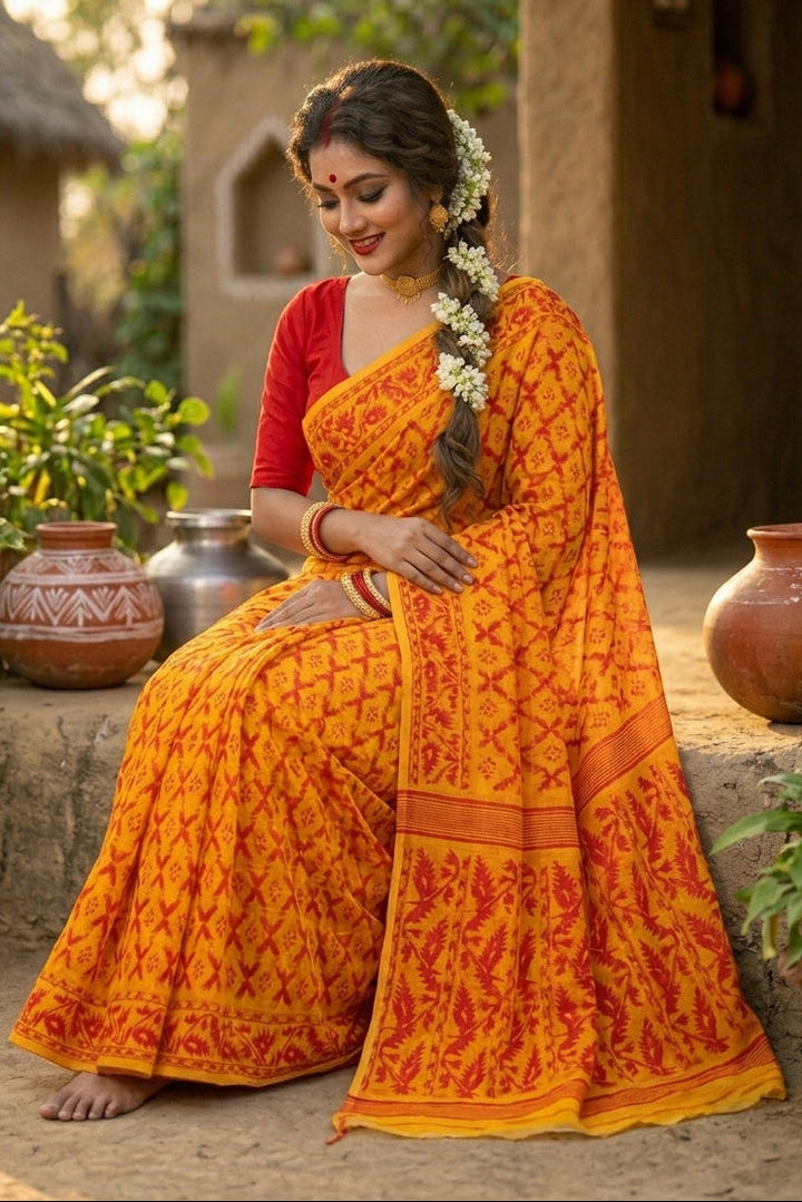 Neel Komol ( নীল কমল) Bengal Jamdani Saree(Yellow & Pink)