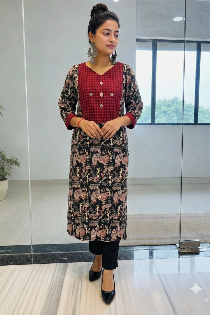 Red Check Heritage Kurti.-Kurti(Only Kurti)