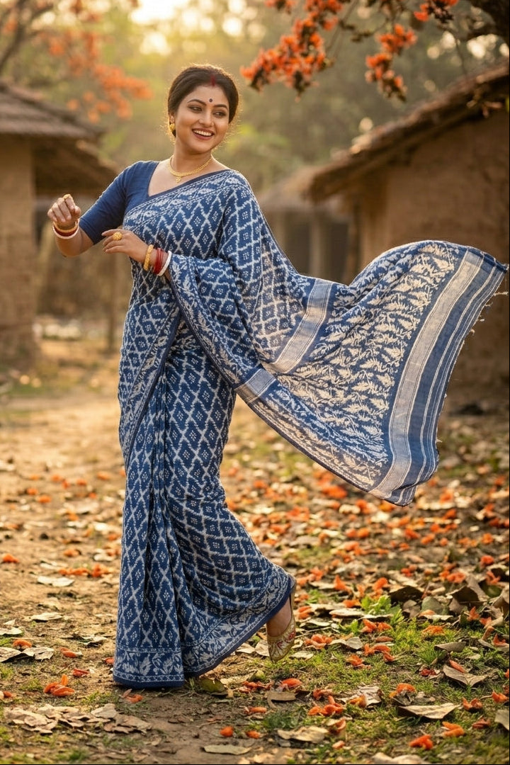 Neel Komol ( নীল কমল )Bengal Jamdani Saree(White & Blue )