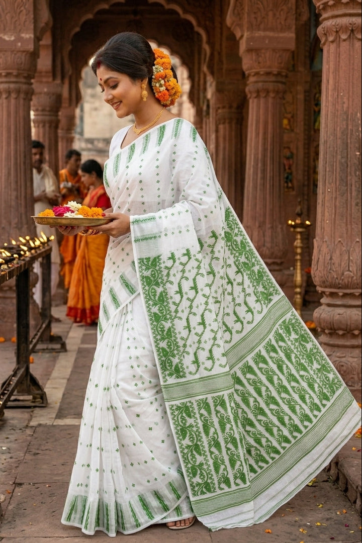 Shatarupa Bengal Jamdani Saree (White & Green )