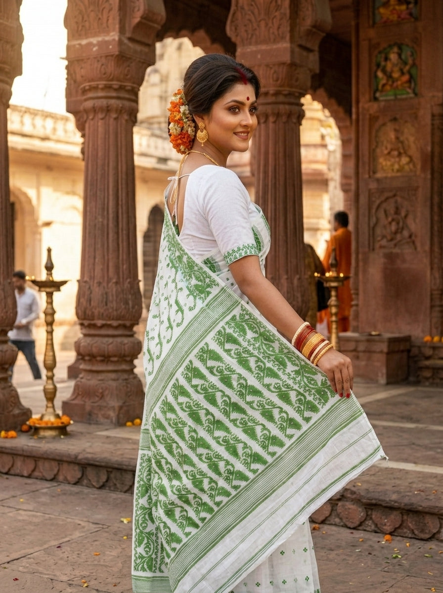 Shatarupa Bengal Jamdani Saree (White & Green )