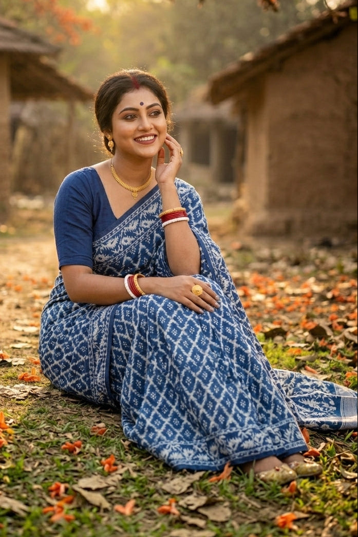 Neel Komol ( নীল কমল )Bengal Jamdani Saree(White & Blue )