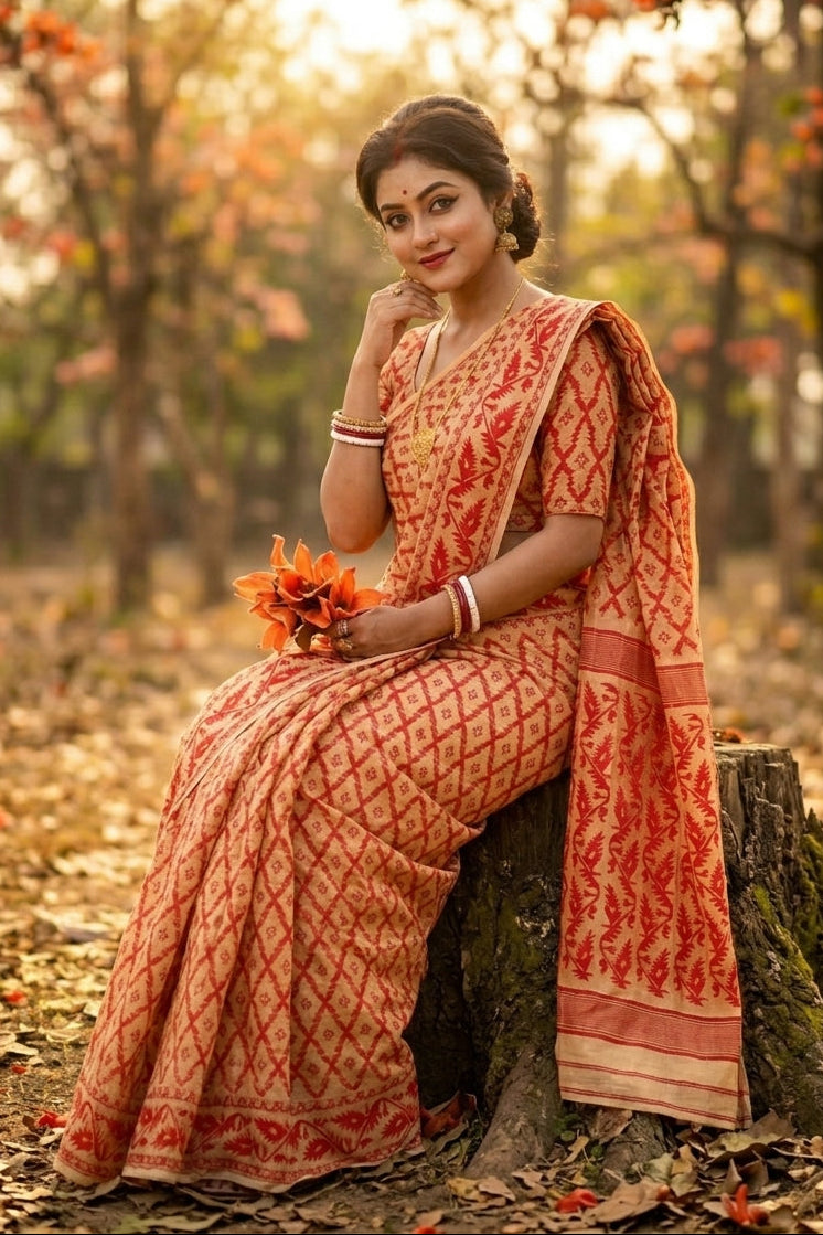 Neel Komol ( নীল কমল )Bengal Jamdani Saree ( Red & Cream )