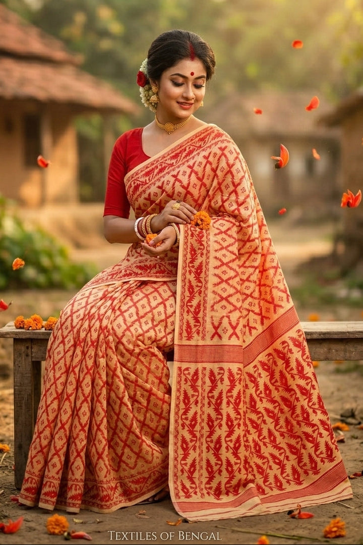 Neel Komol ( নীল কমল )Bengal Jamdani Saree ( Red & Cream )