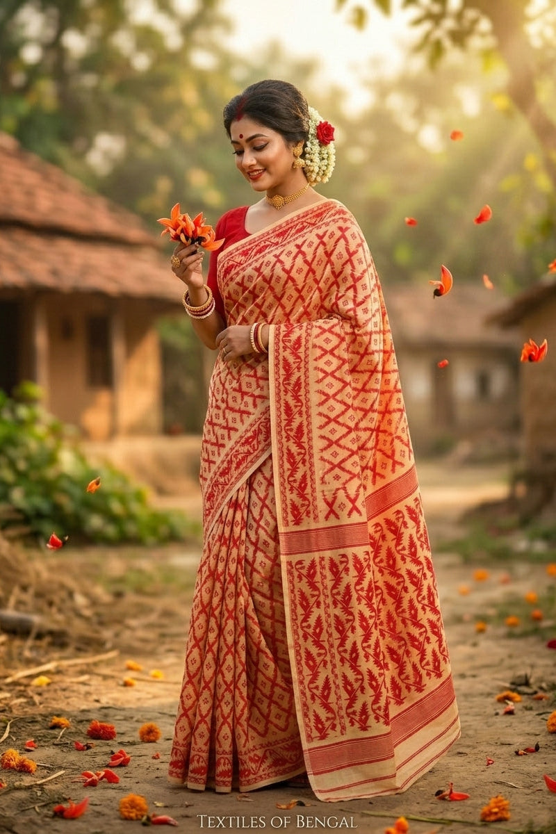 Neel Komol ( নীল কমল )Bengal Jamdani Saree ( Red & Cream )