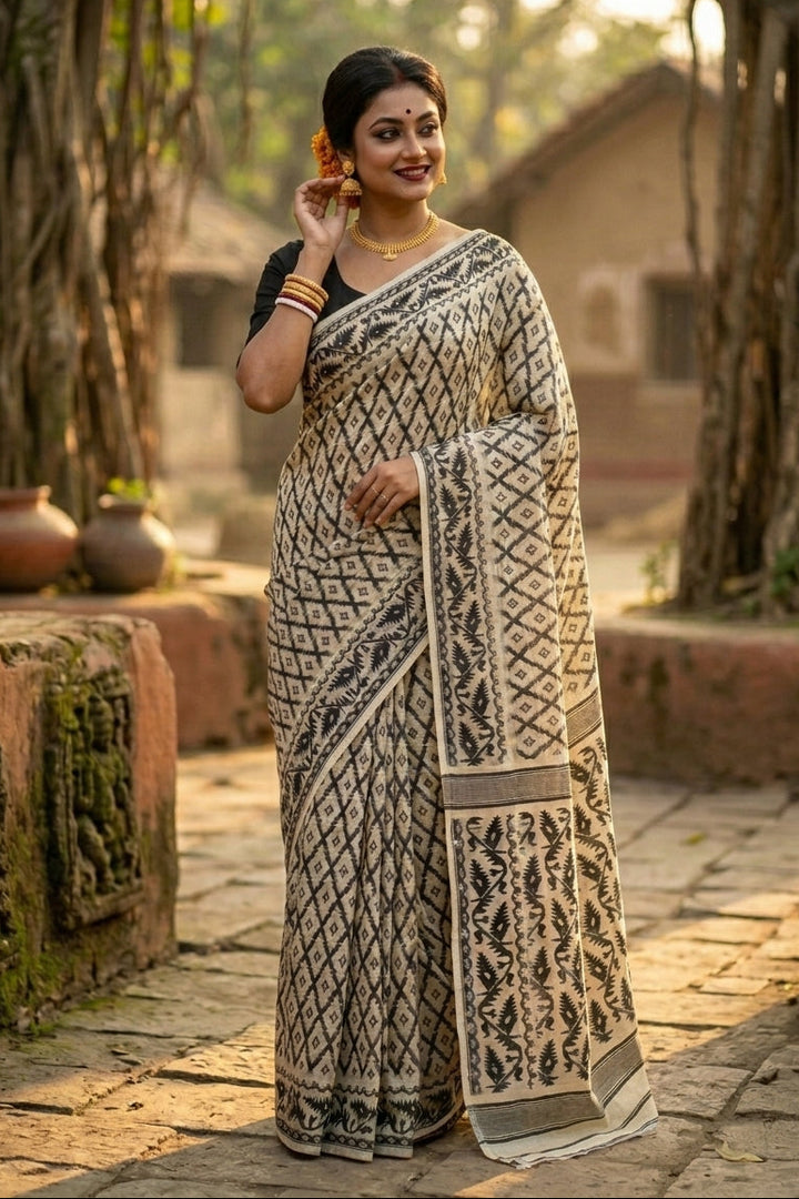 Neel Komol ( নীল কমল )Bengal Jamdani Saree(White & Black )