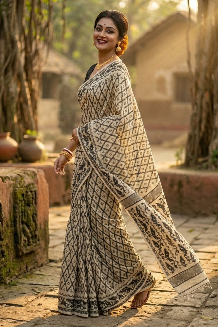 Neel Komol ( নীল কমল )Bengal Jamdani Saree(White & Black )