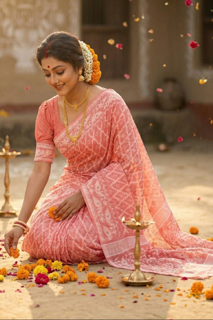 Neel Komol ( নীল কমল )Bengal Jamdani Saree(Peach)