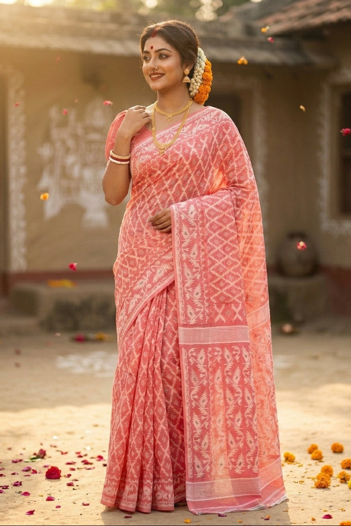 Neel Komol ( নীল কমল )Bengal Jamdani Saree(Peach)