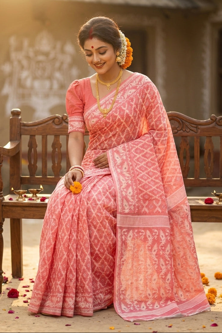 Neel Komol ( নীল কমল )Bengal Jamdani Saree(Peach)