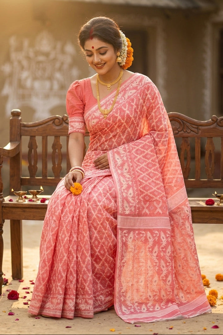 Neel Komol ( নীল কমল )Bengal Jamdani Saree(Peach)
