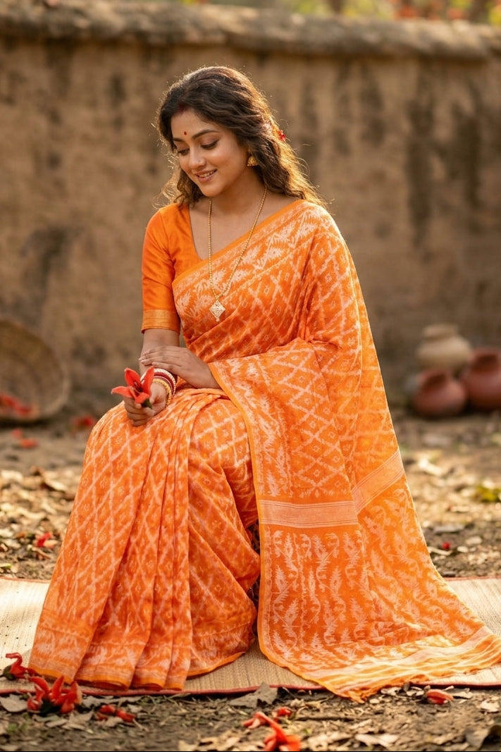 Neel Komol ( নীল কমল )Bengal Jamdani Saree (Orange)