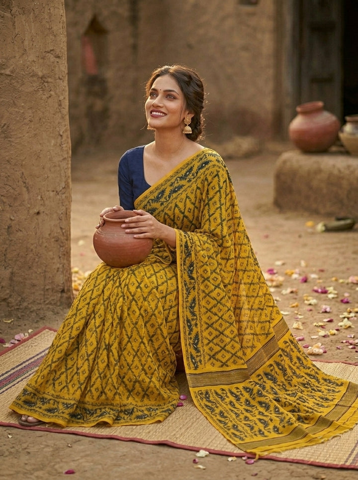 Neel Komol ( নীল কমল )Bengal Jamdani Saree (Yellow)