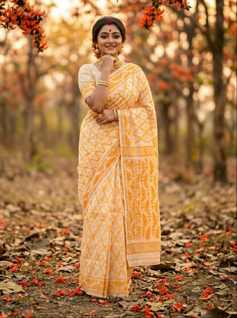 Neel Komol ( নীল কমল )Bengal Jamdani Saree (Yellow)