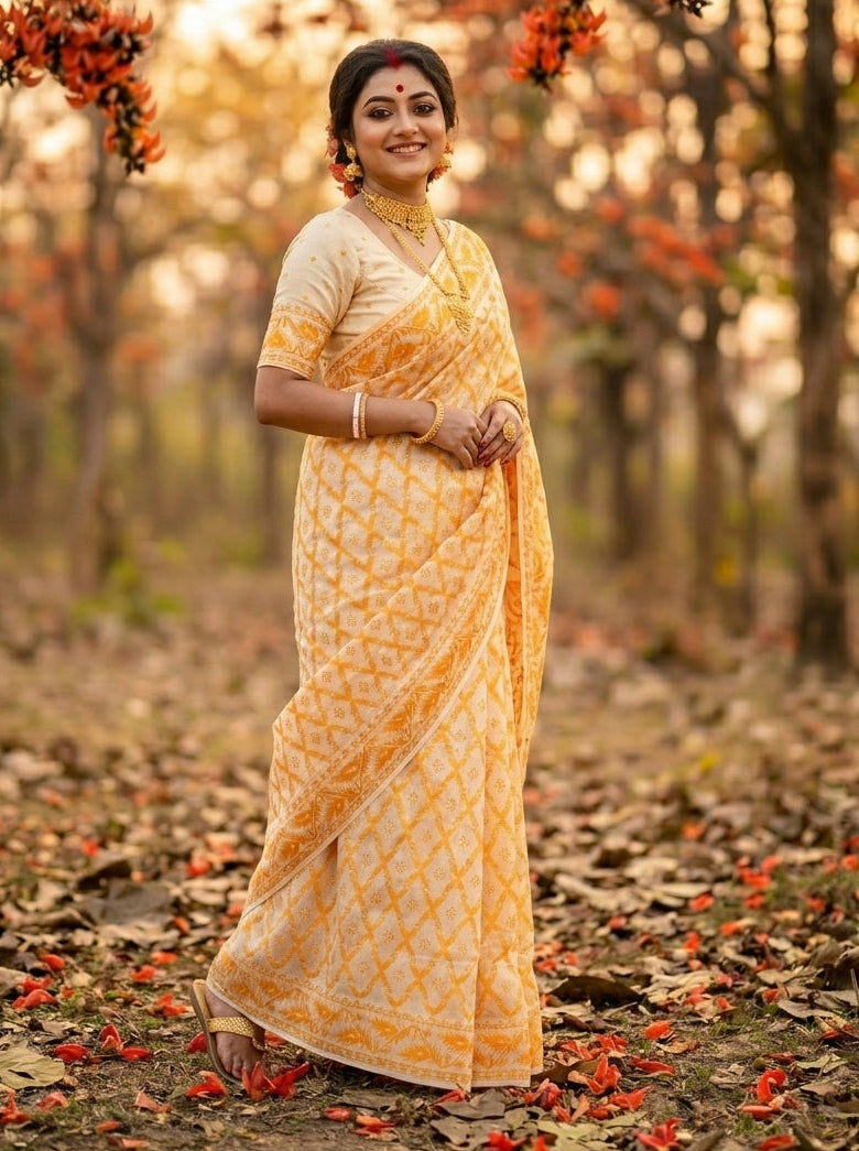 Neel Komol ( নীল কমল )Bengal Jamdani Saree (Yellow)