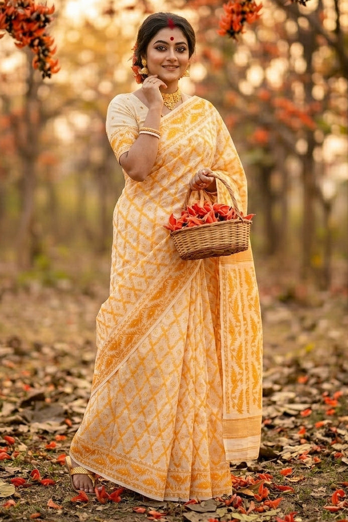 Neel Komol ( নীল কমল )Bengal Jamdani Saree (Yellow)