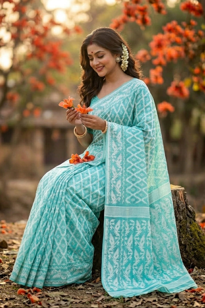 Neel Komol ( নীল কমল )Bengal Jamdani Saree ( Sky)