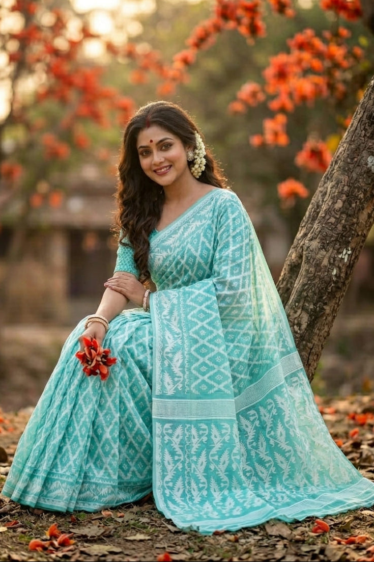Neel Komol ( নীল কমল )Bengal Jamdani Saree ( Sky)