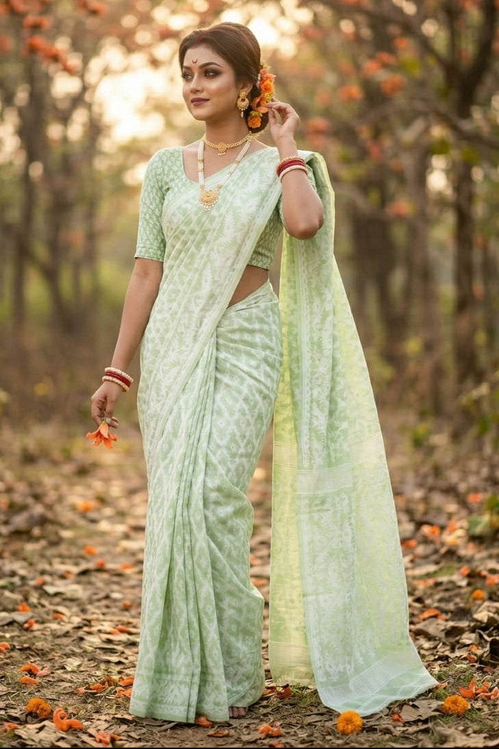 Neel Komol ( নীল কমল )Bengal Jamdani Saree ( Pista)